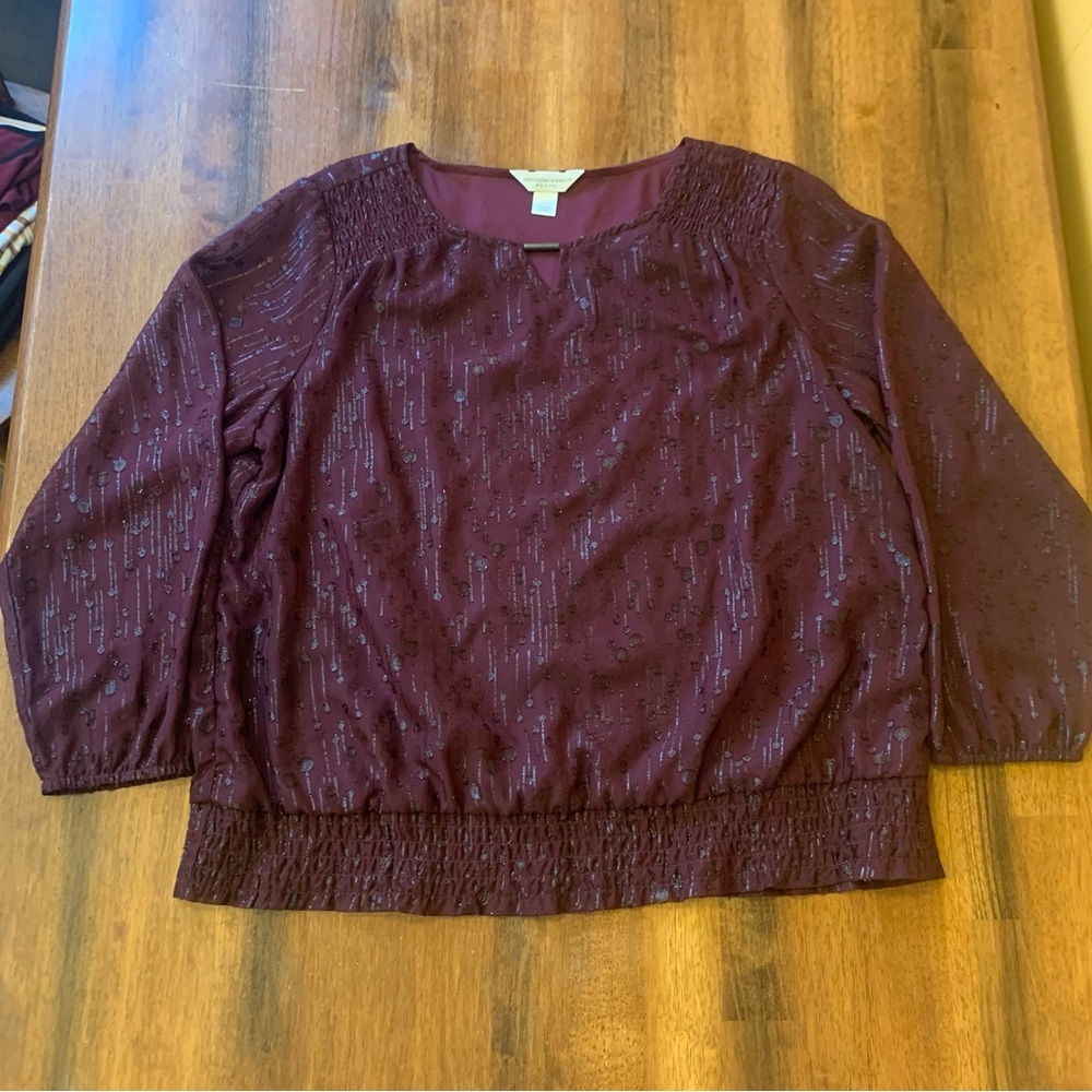 Christopher & Banks dressy top women’s XL petite maroon sheer sleeves shimmer